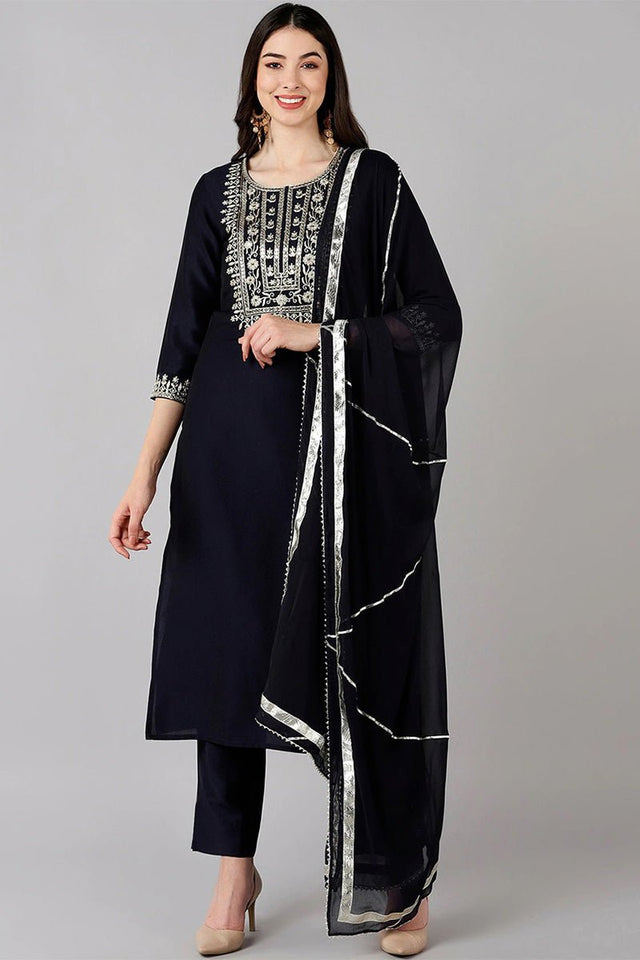 Navy Blue Polyester Straight Kurti Pant With Dupatta