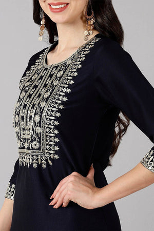 Navy Blue Polyester Straight Kurti Pant With Dupatta