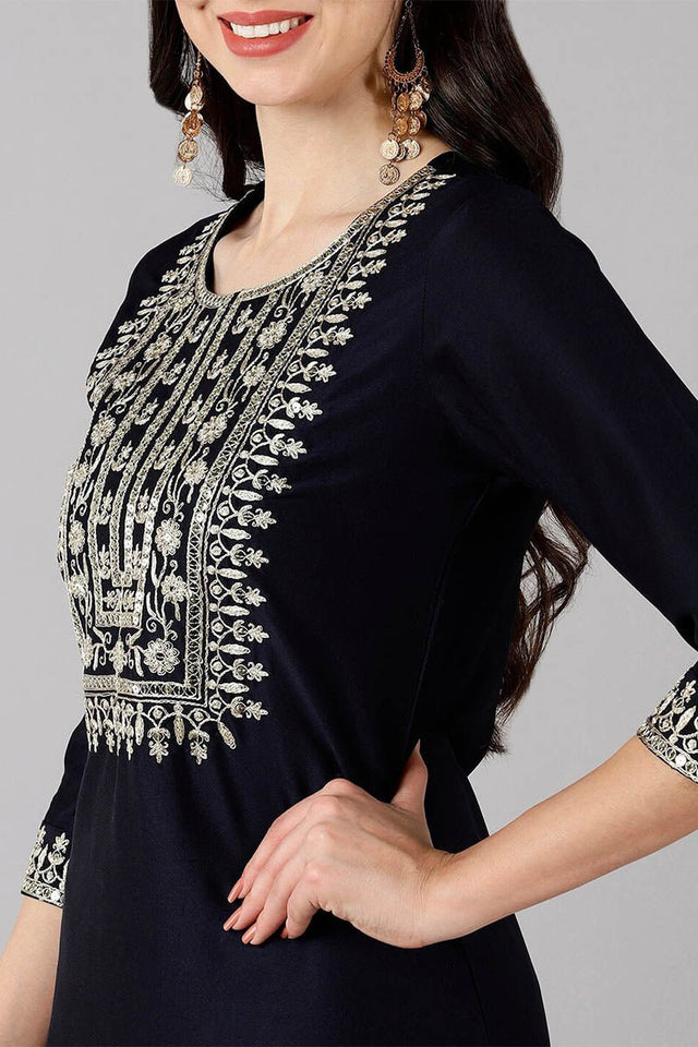 Navy Blue Polyester Straight Kurti Pant With Dupatta