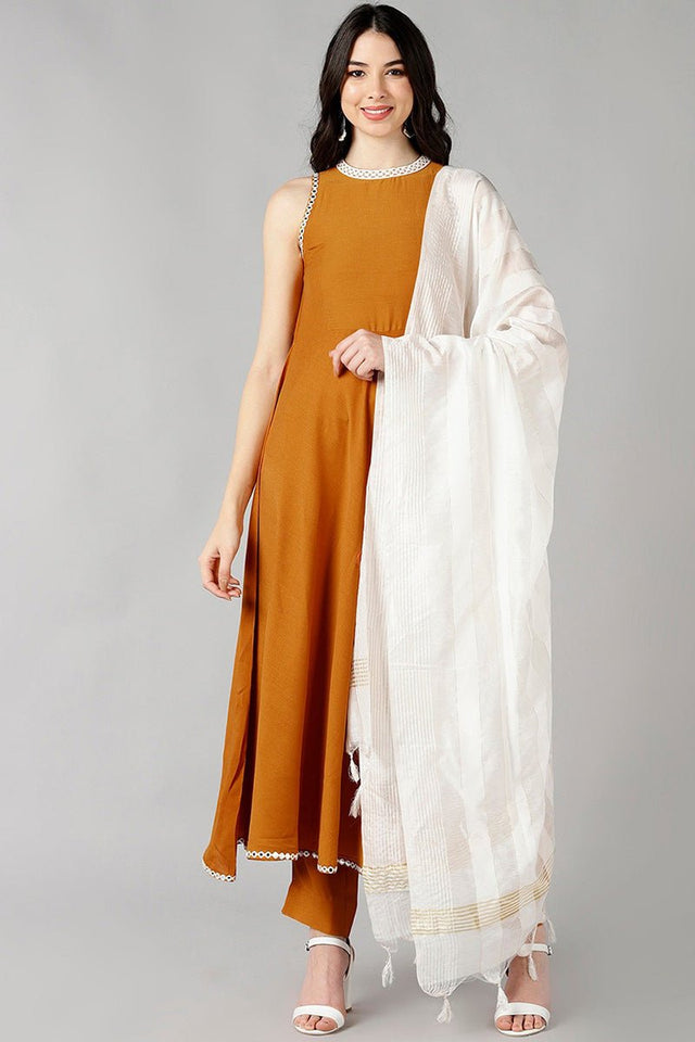 Mustard Poly Silk Solid Anarkali Suit Set