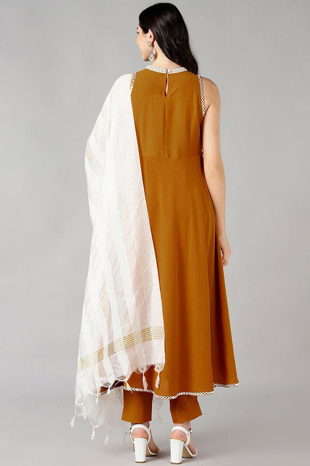 Mustard Poly Silk Solid Anarkali Suit Set