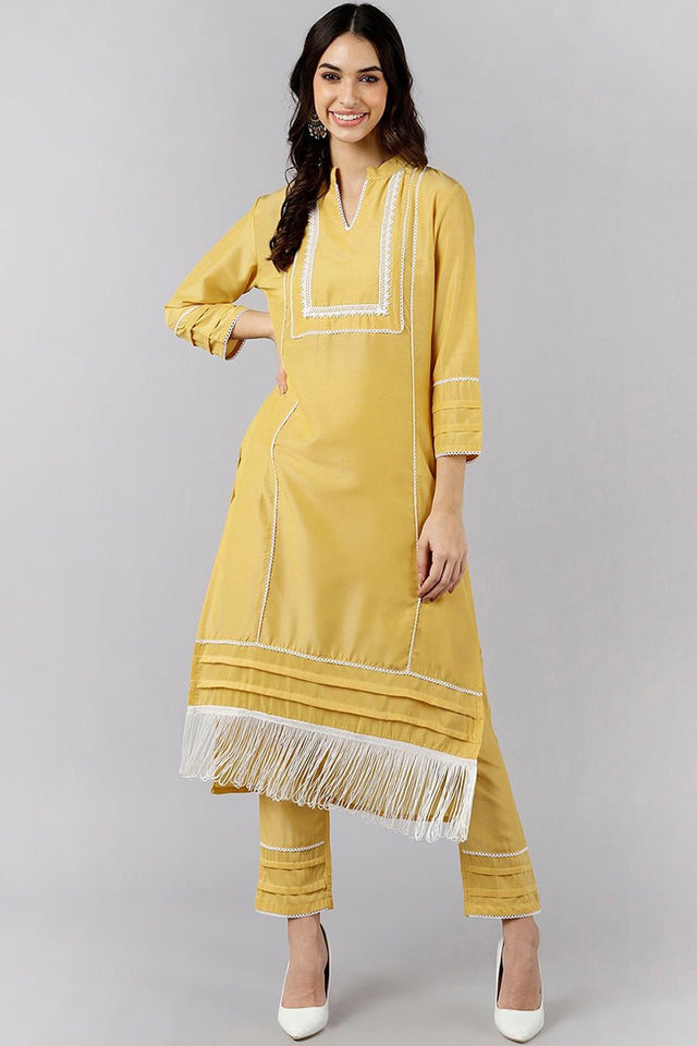 Yellow Poly Silk Solid Straight Kurti Set