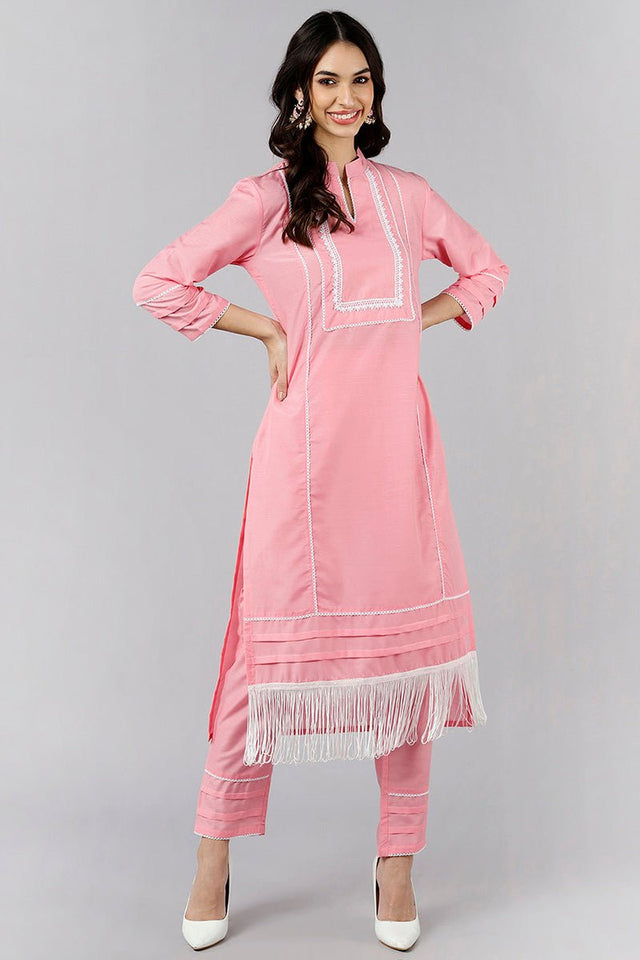 Pink Poly Silk Solid Straight Kurti Set