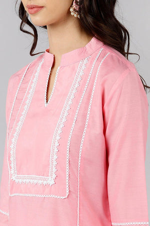 Pink Poly Silk Solid Straight Kurti Set