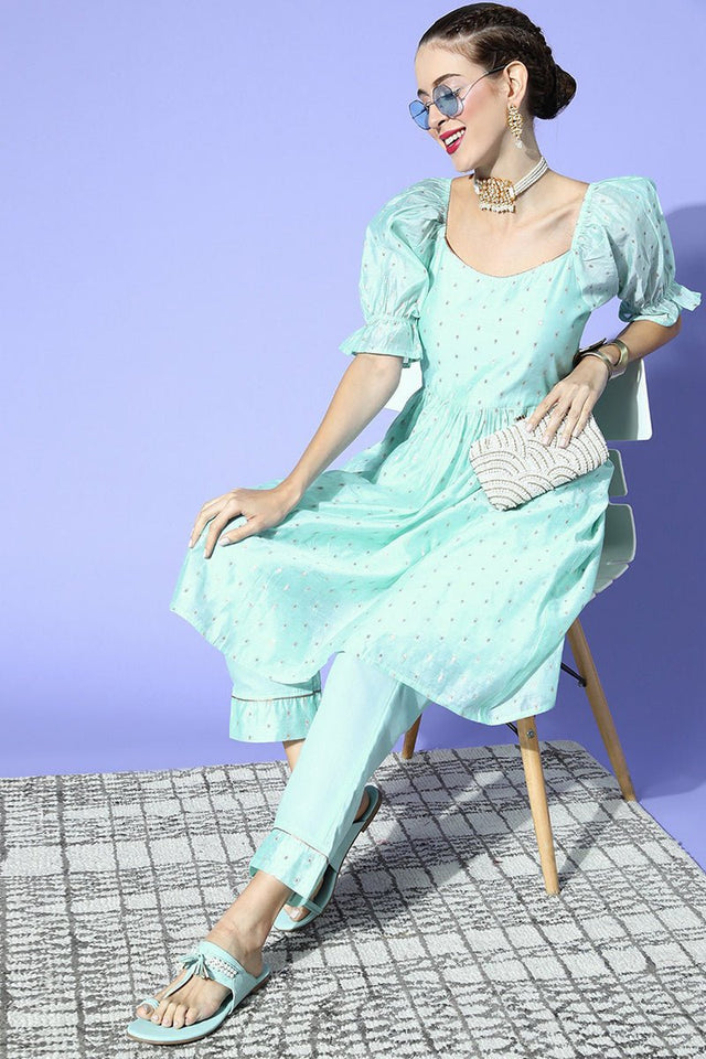 Sky Blue Poly Chanderi Square Neck Kurti Set