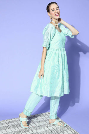 Sky Blue Poly Chanderi Square Neck Kurti Set
