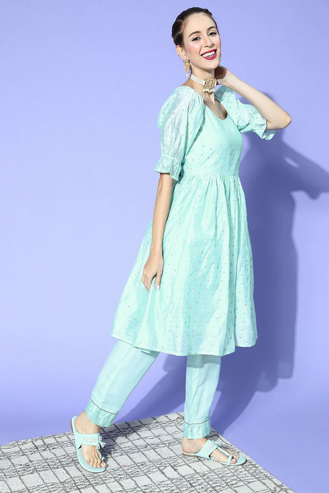 Sky Blue Poly Chanderi Square Neck Kurti Set