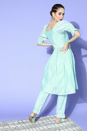 Sky Blue Poly Chanderi Square Neck Kurti Set