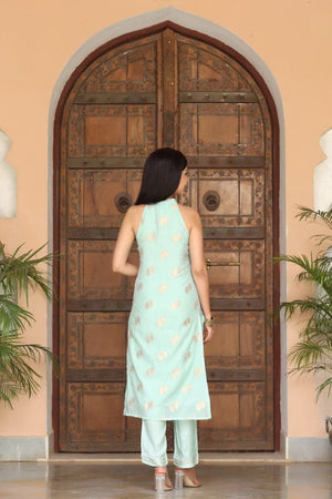 Blue Poly Chanderi Woven Kurti Set