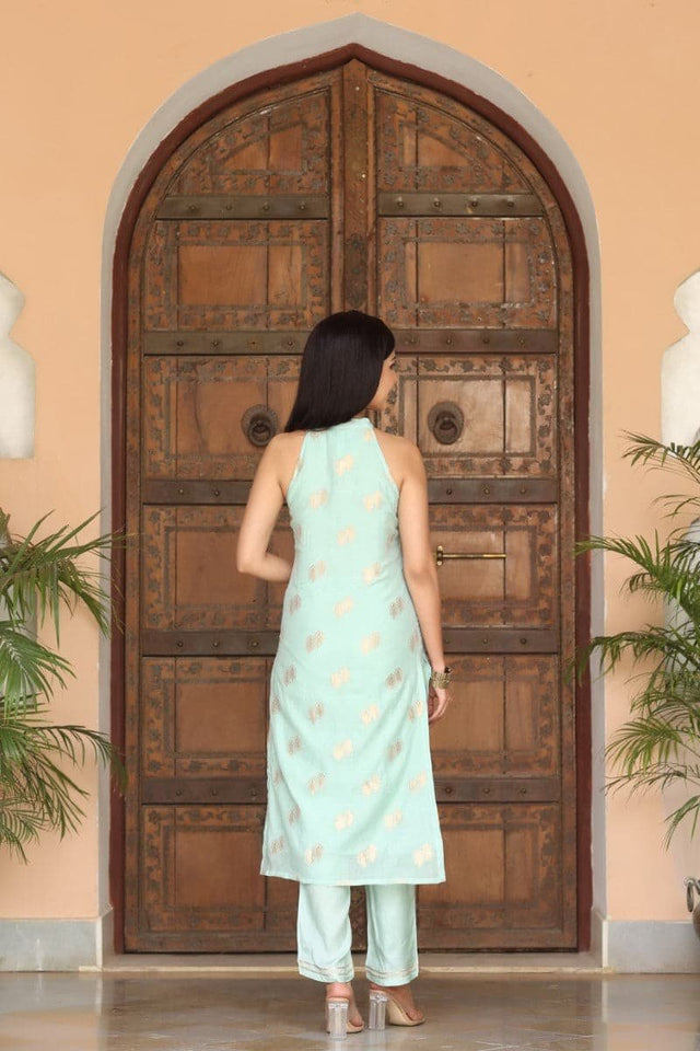 Blue Poly Chanderi Woven Kurti Set