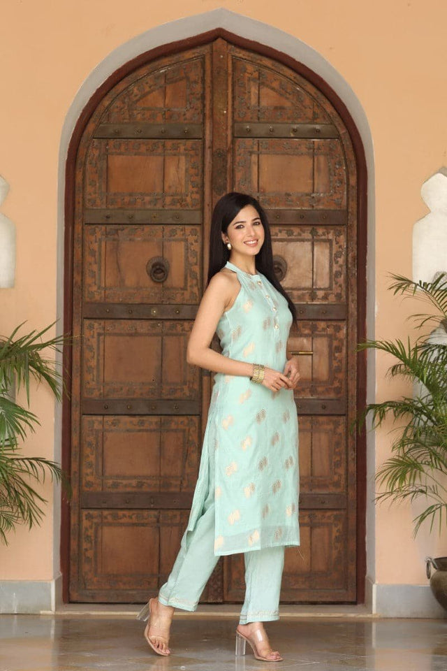 Blue Poly Chanderi Woven Kurti Set
