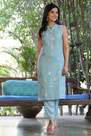 Blue Poly Chanderi Woven Kurti Set