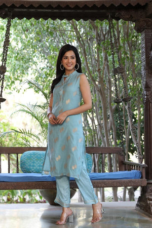 Blue Poly Chanderi Woven Kurti Set