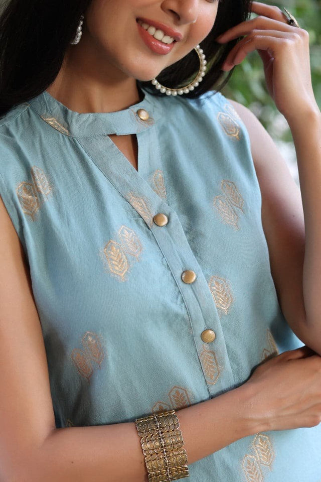 Blue Poly Chanderi Woven Kurti Set