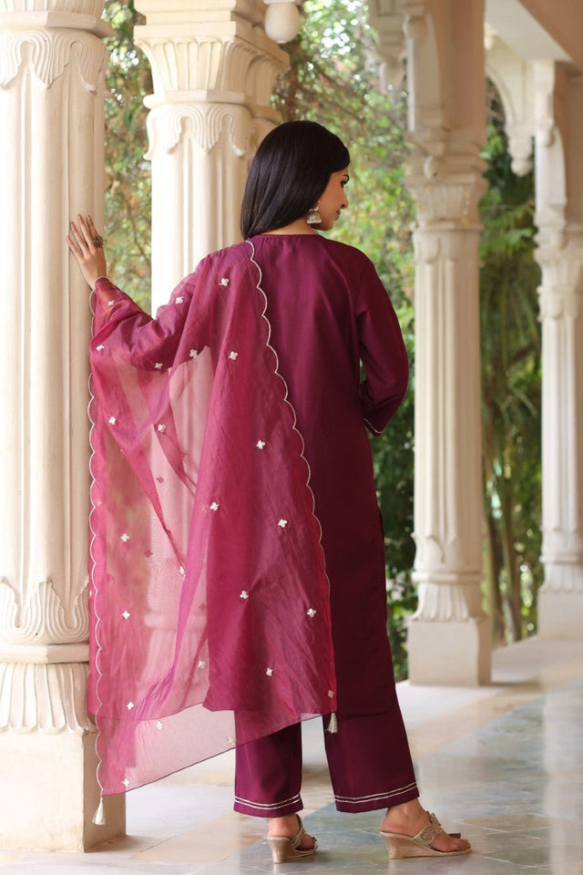 Wine Poly Silk Solid Embroidered Straight Suit Set