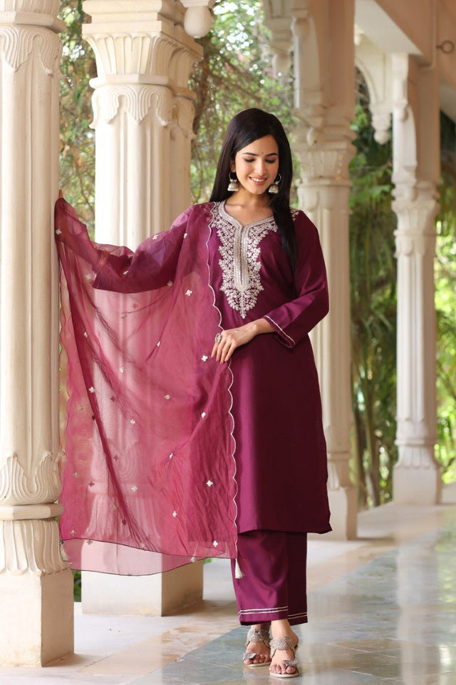 Wine Poly Silk Solid Embroidered Straight Suit Set