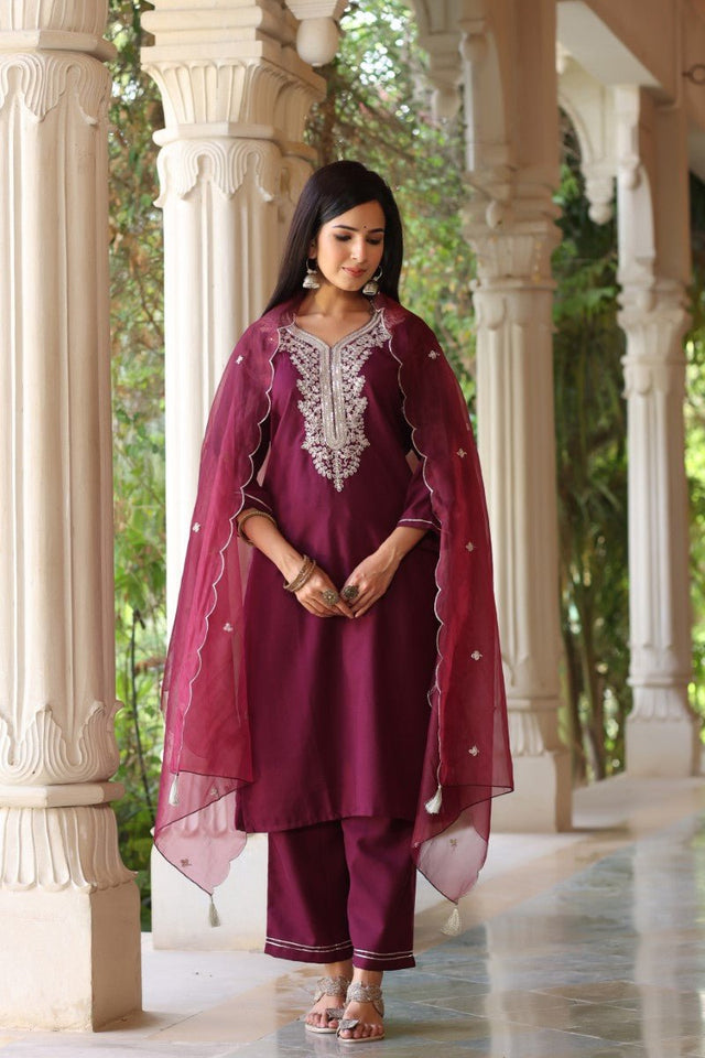 Wine Poly Silk Solid Embroidered Straight Suit Set