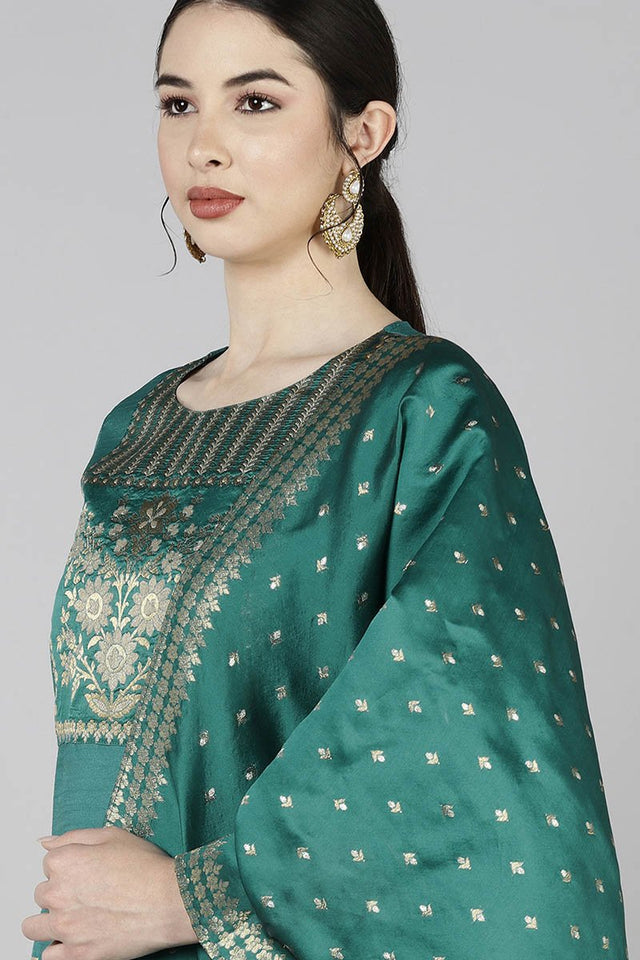 Teal Poly Silk Yoke Design Straight Suit Set