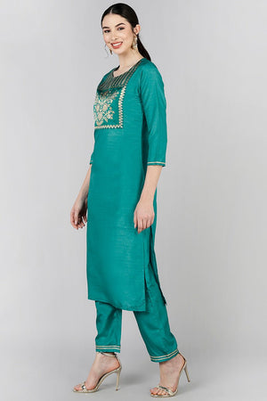 Teal Poly Silk Yoke Design Straight Suit Set