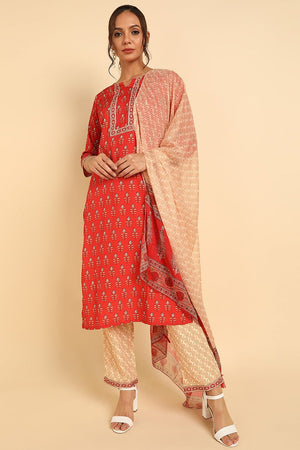 Red Poly Crepe Ethnic Motifs Straight Suit Set