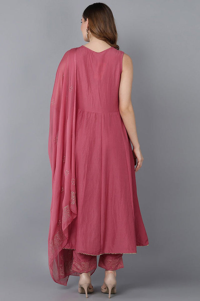 Pink Poly Silk Anarkali Kurti Pant With Dupatta