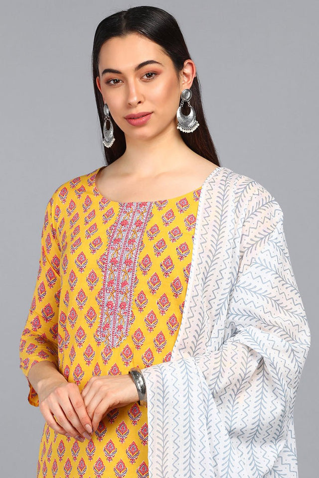 Mustard Polyester Straight Kurti Pant With Dupatta