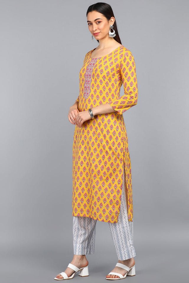Mustard Polyester Straight Kurti Pant With Dupatta