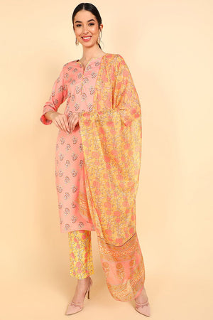 Peach Polyester Ethnic Motifs Straight Suit Set