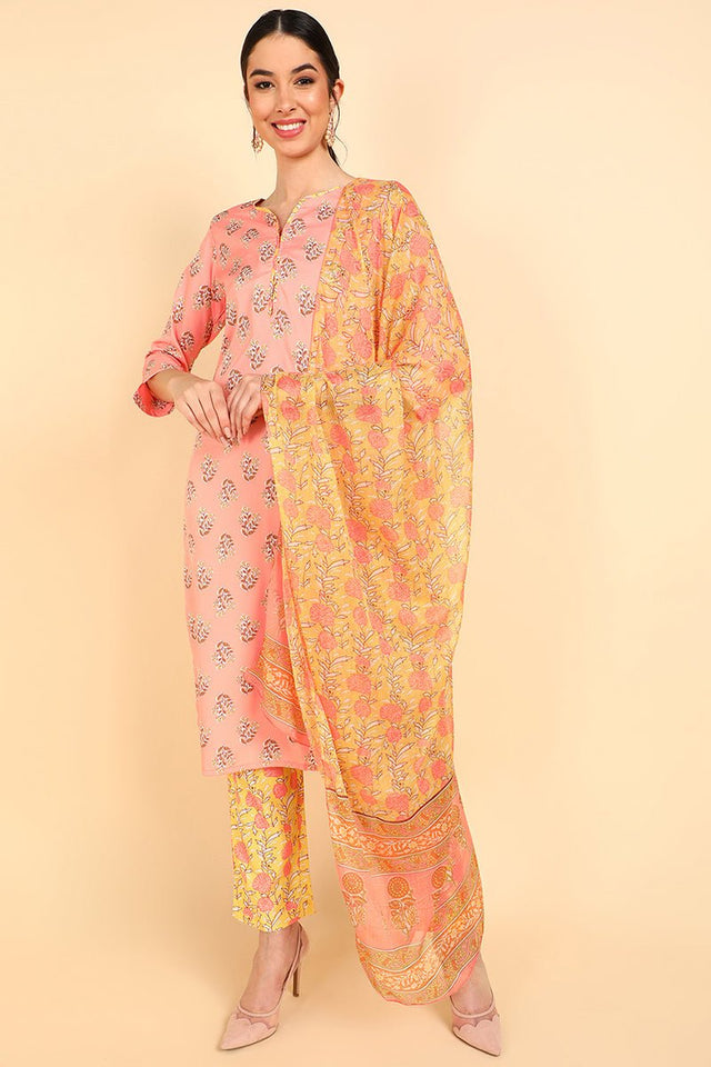 Peach Polyester Ethnic Motifs Straight Suit Set