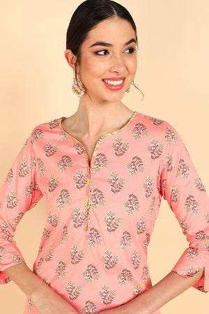 Peach Polyester Ethnic Motifs Straight Suit Set