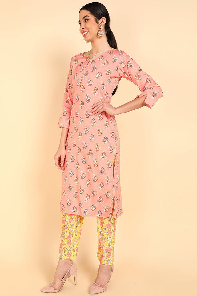 Peach Polyester Ethnic Motifs Straight Suit Set