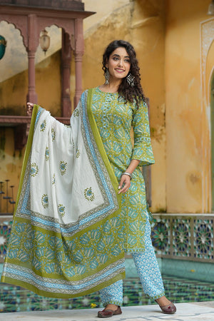 Green Cotton Straight Suit Set