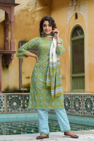 Green Cotton Straight Suit Set
