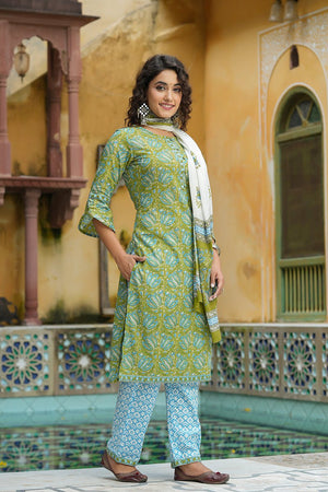 Green Cotton Straight Suit Set