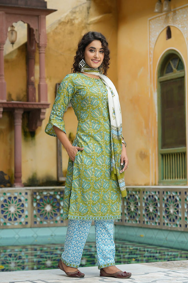 Green Cotton Straight Suit Set