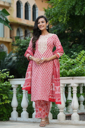 Pink Cotton Straight Suit Set