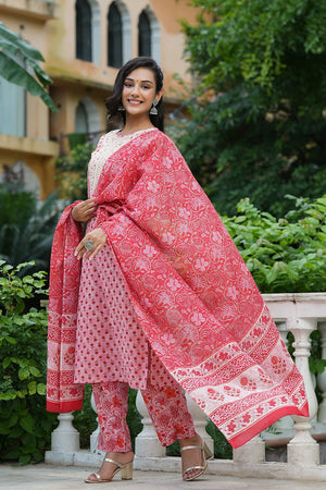 Pink Cotton Straight Suit Set