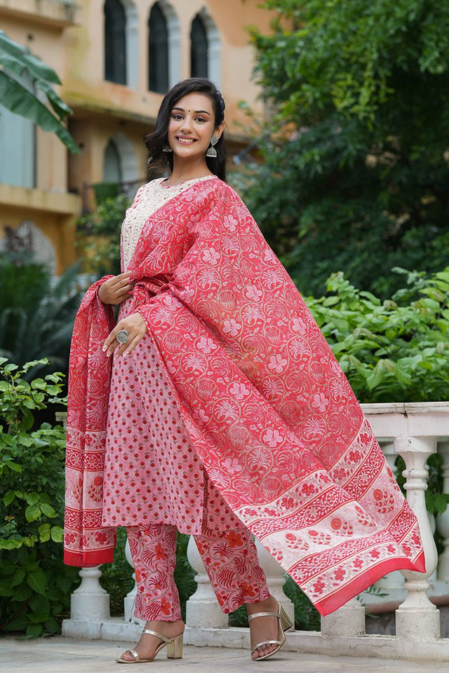 Pink Cotton Straight Suit Set