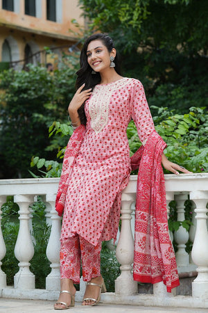 Pink Cotton Straight Suit Set