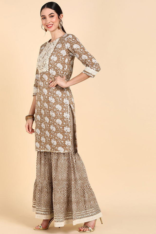 Brown Cotton Straight Sharara Suit Set