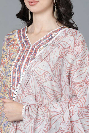 Cream Cotton Straight Kurti Pant With Dupatta Set