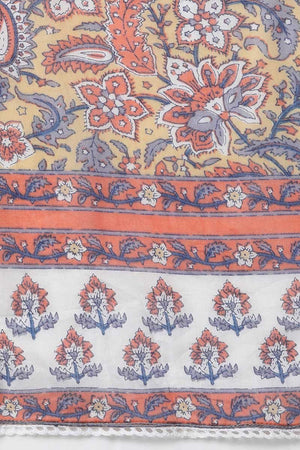 Cream Cotton Straight Kurti Pant With Dupatta Set