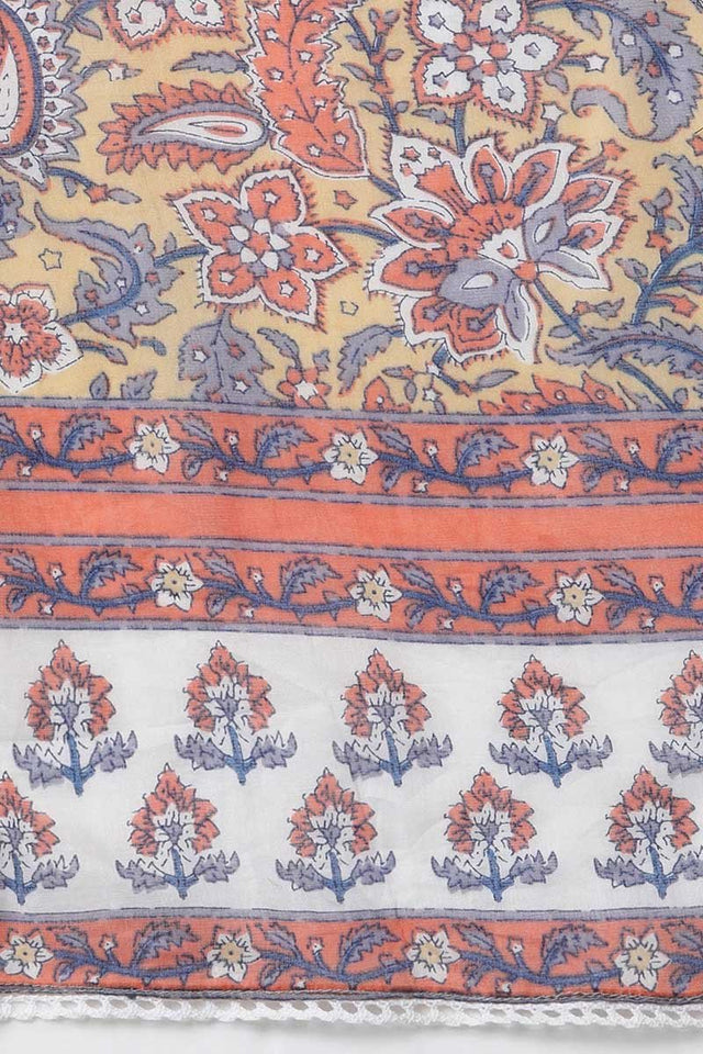 Cream Cotton Straight Kurti Pant With Dupatta Set