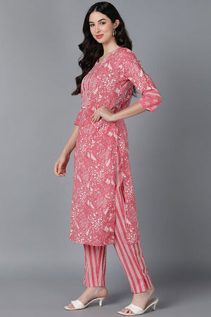 Pink Cotton Printed Kurti Pant Set