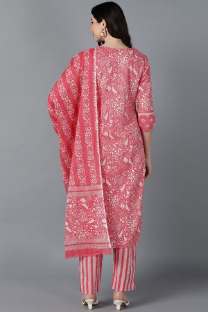 Pink Cotton Printed Kurti Pant Set