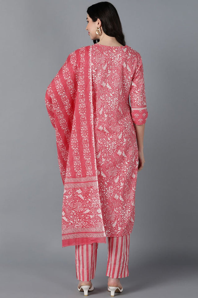 Pink Cotton Printed Kurti Pant Set