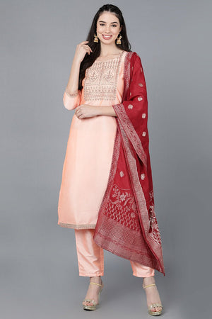 Peach Poly Silk A-Line Kurti Pant With Dupatta