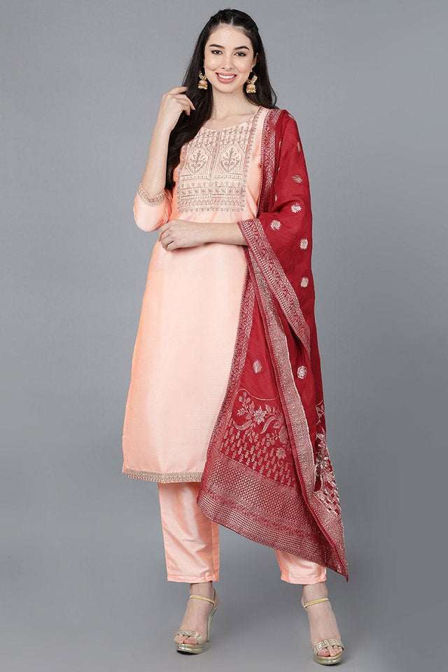 Peach Poly Silk A-Line Kurti Pant With Dupatta