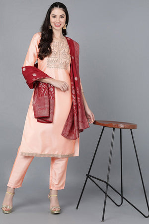 Peach Poly Silk A-Line Kurti Pant With Dupatta