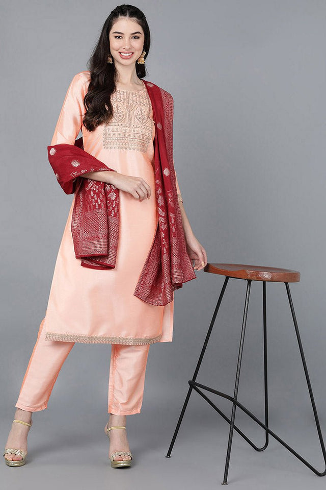 Peach Poly Silk A-Line Kurti Pant With Dupatta